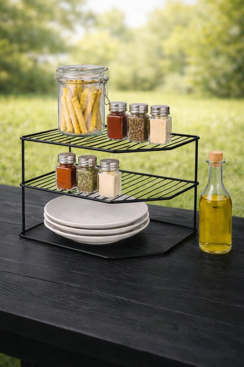 THE DECORHUB Black Cast Iron 2 Level Corner Storage Rack, Modern Minimalist Kitchen Organizer, 25x25x18 cm, Powder Coated
