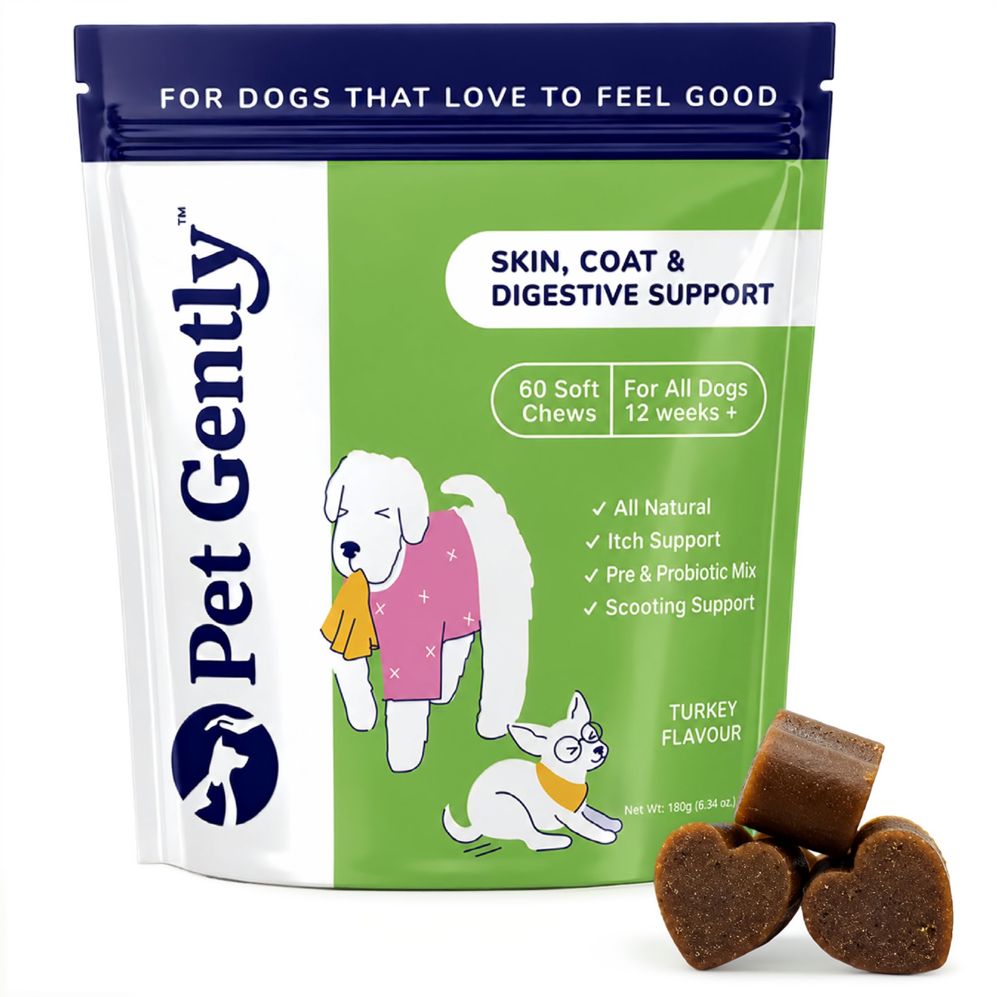 Pet Gently Skin Coat and Digestive Support Chews - Kelp Supplement for Dog Itchy Skin Relief, Colostrum Immune Bites, Bee Pollen - Advanced Seasonal Allergies & Dry Flaky Irritation Care, 60 Treats