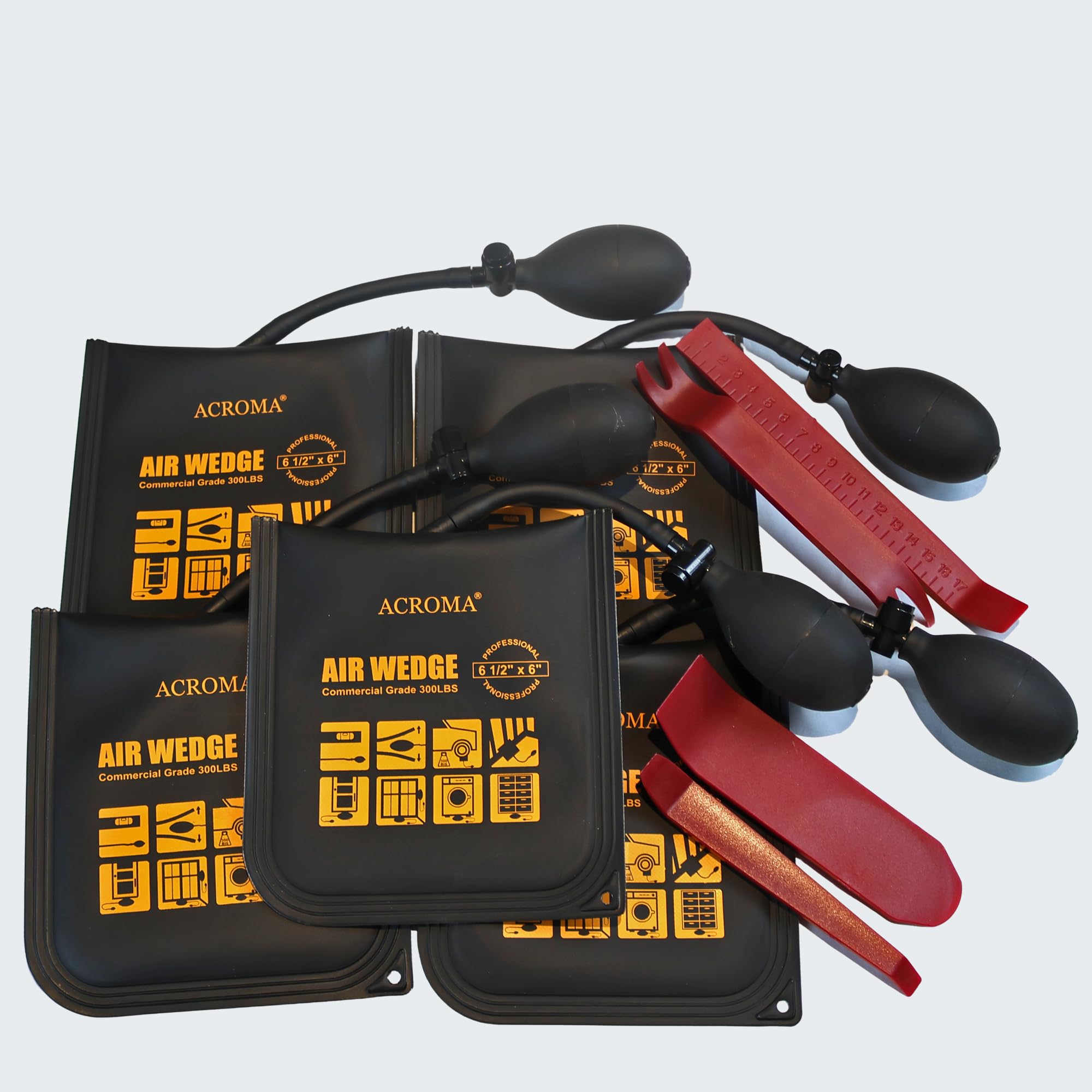 Acroma 5-Pack 6 1/2”x 6“Commercial Grade Air Wedge Bag Bump (A0501A) 300LB Load Rating Professional Leveling Kit and Alignment Tool Air Shim Pump Wedge, 4 Pry Bars Included