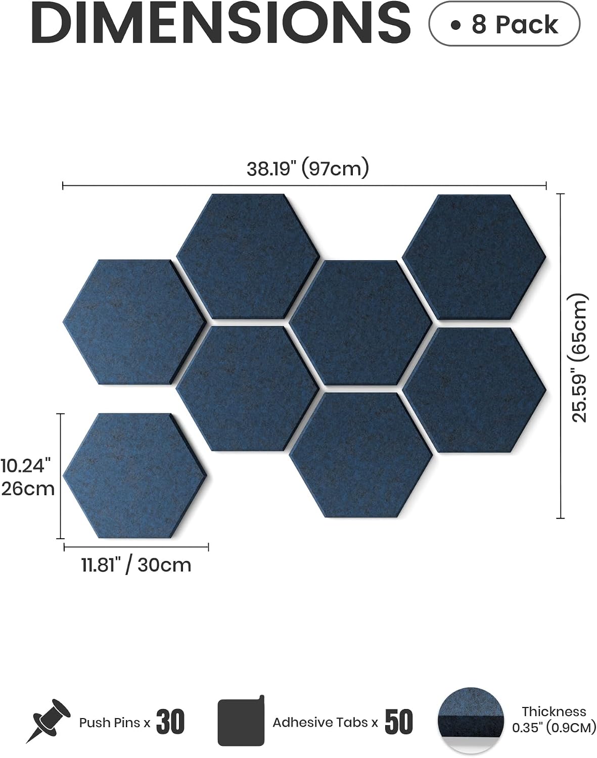 Fluxynara Hexagon Cork Board Alternative for Walls Decor-8-Pack Felt Bulletin Board Tiles,with 30 Pushpins,50 Adhesive Tabs for Office,Classrooms & Home Pin Board Felt Board-Carbon Blue