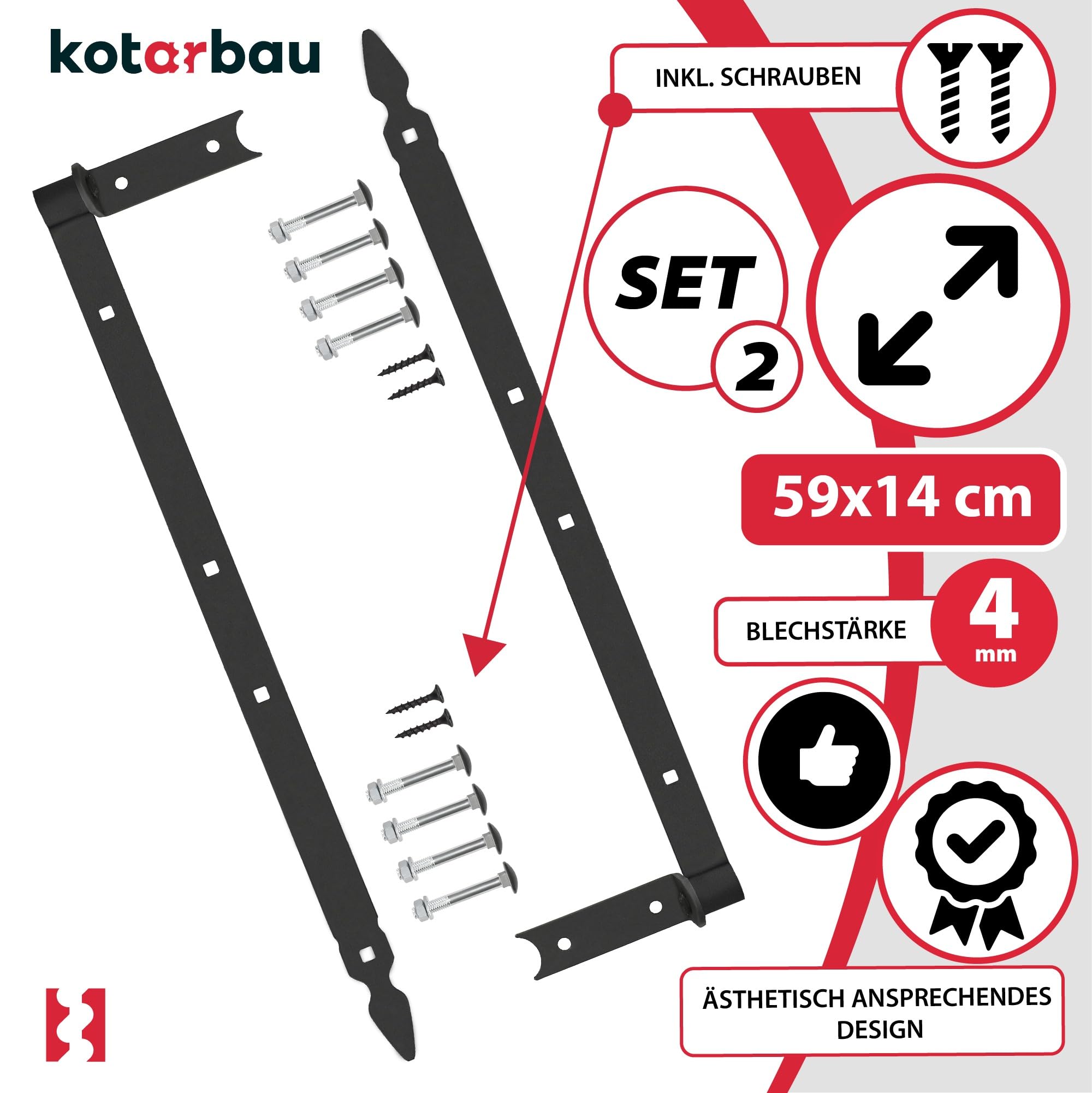 KOTARBAU® Charnière à Congé de 600 mm Noire x2 en Acier | Charniere Porte Lourde | Penture | Charniere Portail | Charnière Porte Lourde, | Penture Volet Bois | Charnieres | Charniere Noir | Charnières