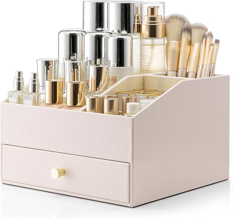 Organizador de maquiagem VLANDO com 2 camadas e gavetas, Apricot White