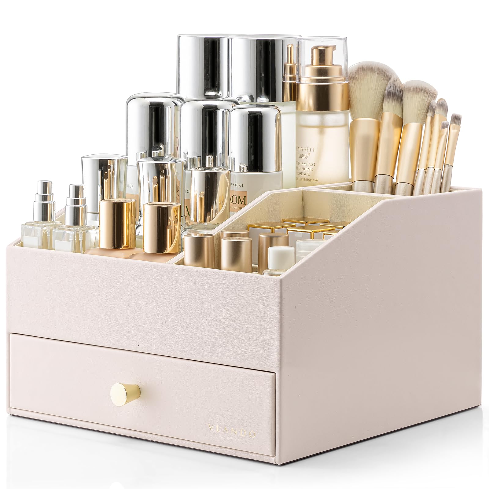Vlando Organizer per trucchi con cassetti, organizer per cosmetici in pelle PU, organizer per profumi, grande espositore per rossetti, pennelli, regalo per donne, albicocca bianca
