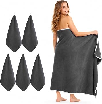 6PCS Large Bath Towel & Hand Towels Set Soft Absorbent Grey