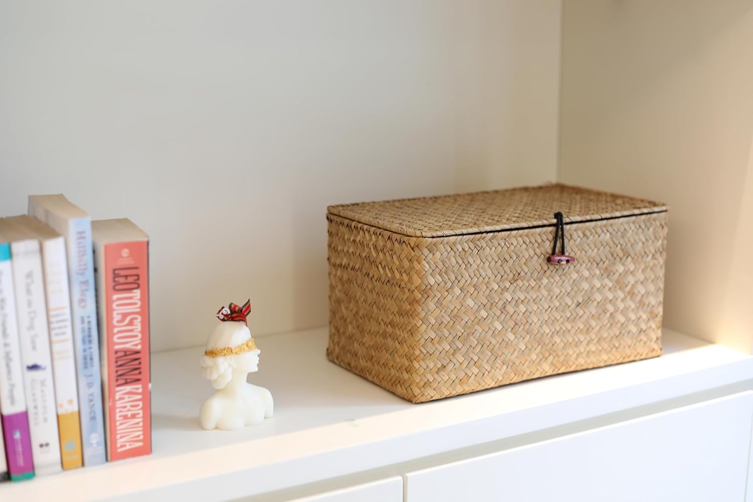 DOKOT Rectangular Handwoven Seagrass Storage Basket with Lid for Shelves and Home Organizer Bin, (M (12"x7"x6"H), Natural)