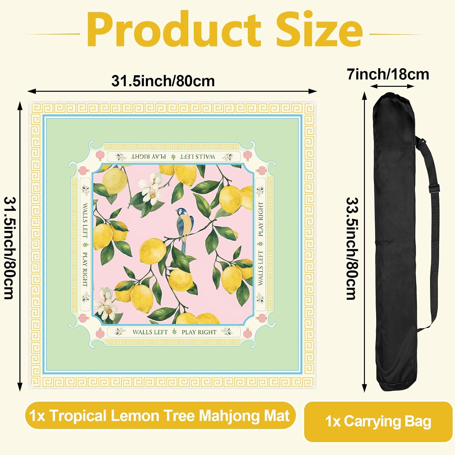Tropical Lemon Tree Mahjong Mat with Carrying Bag 31.5" x 31.5" Non Slip Noise Reduction Table Cover Palm Beach Yellow Green Lemon Mahjong Mat for American Poker Card Board Dominoes Tile Games Gifts
