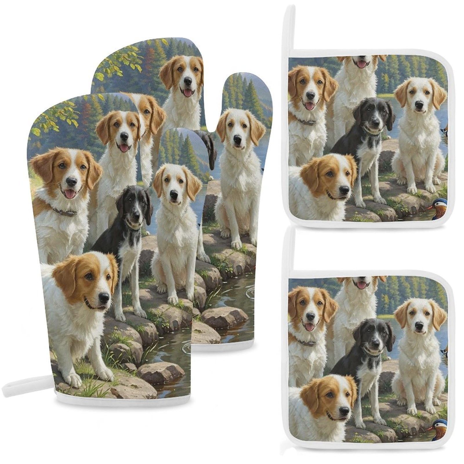 Duck Hunting Dog Oven Mitts and Pot Holders Sets Heat Resistant Oven Glove with Hanging Loop for Baking Cooking BBQ Thicken Potholders for Kitchen