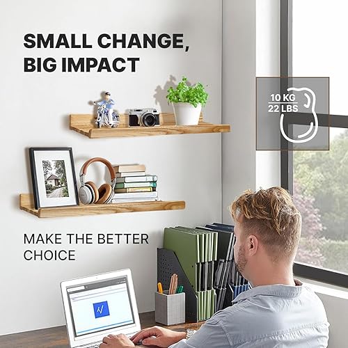 Miniatura 7 de Wood Wedge Estantes flotantes para pared, estantes rústicos de almacenamiento de pared con labio, estantería para niños, estantes de repisa de fotos