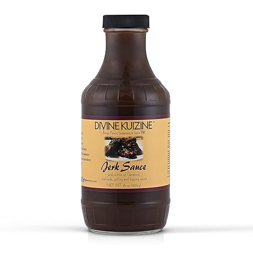 Divine Kuizine Salsa Jerk  Esmalte Jamaicano BBQ  Condimento  Barbacoa de especias picantes de 16 onzas  Pollo marinado, carnes, carnes ahumadas y