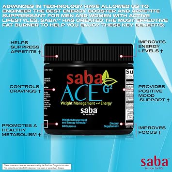 Saba ACE G2 Fat Burner Capsules Thermogenic Weight Loss Supplement for Women & Men Pre Workout Energy, Appetite Control & Metabolism Booster with Green Tea, Capsimax, CarnoSyn 60 Count