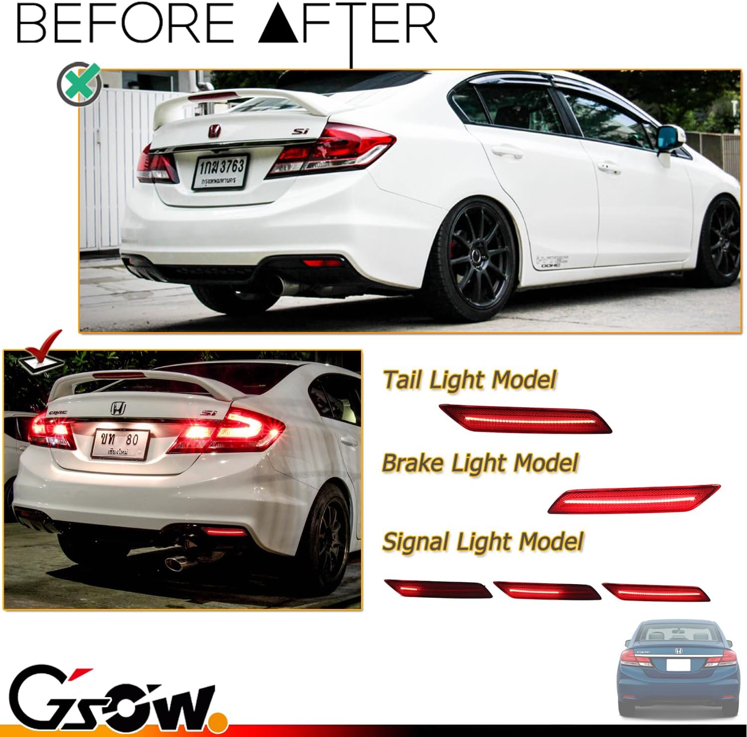 2 PCS [Sequential] LED Bumper Reflector Brake Tail Turn Signal Lights for 2013-2015 Hon-da Civic Sedan, Sequential Tail & Rear Side Indicator Fender Lamp, Civic Sedan Accessories - Red Lens