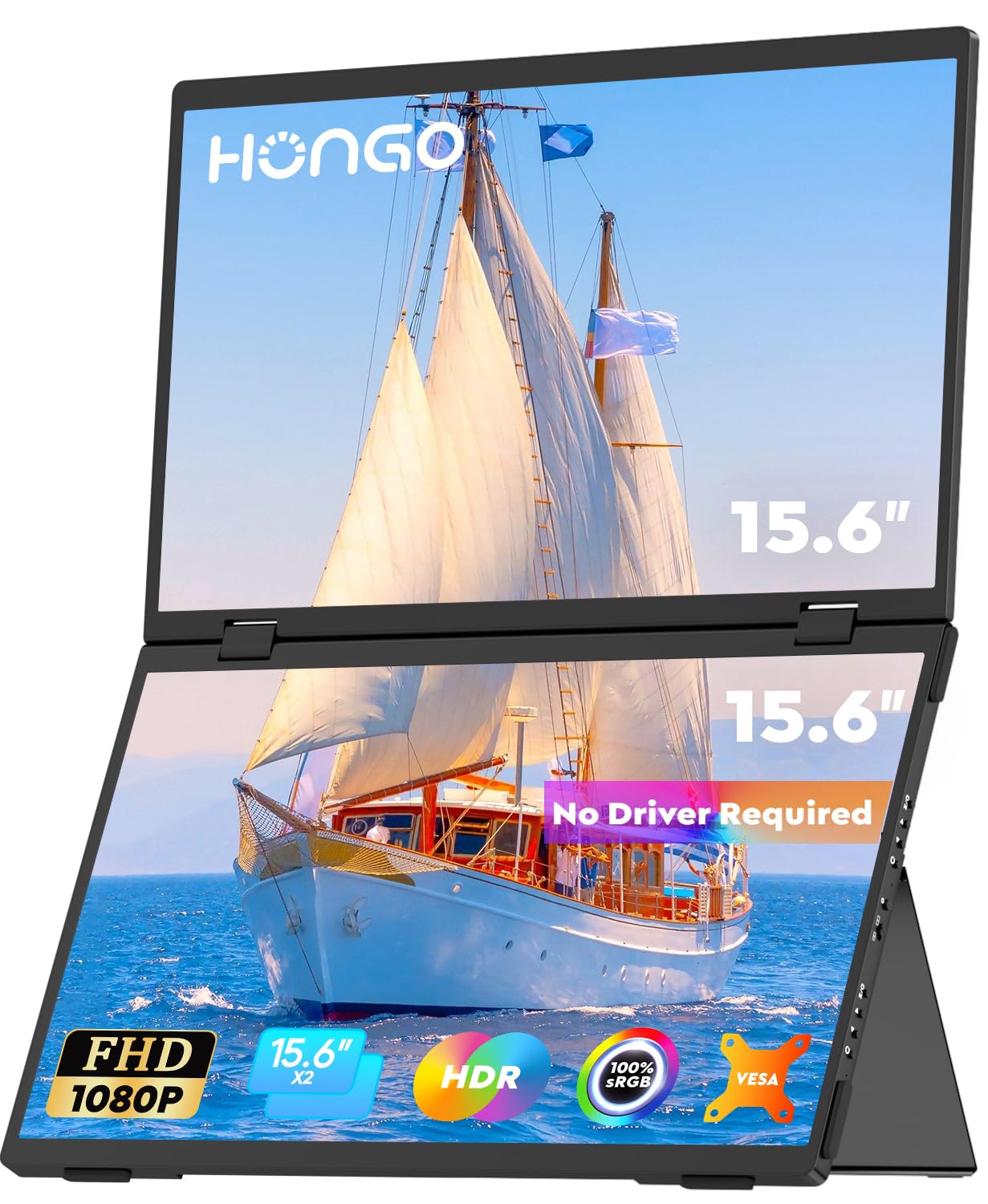 HONGO 15.6" Monitor Portatile, Doppio Schermo Portatile FHD 1080P, Folding Triple Monitor Supporto Wins/Mac con USB Tipo C, 100% sRGB Laptop Monitor Automatica di 180°/360° Nessun Driver Richiest