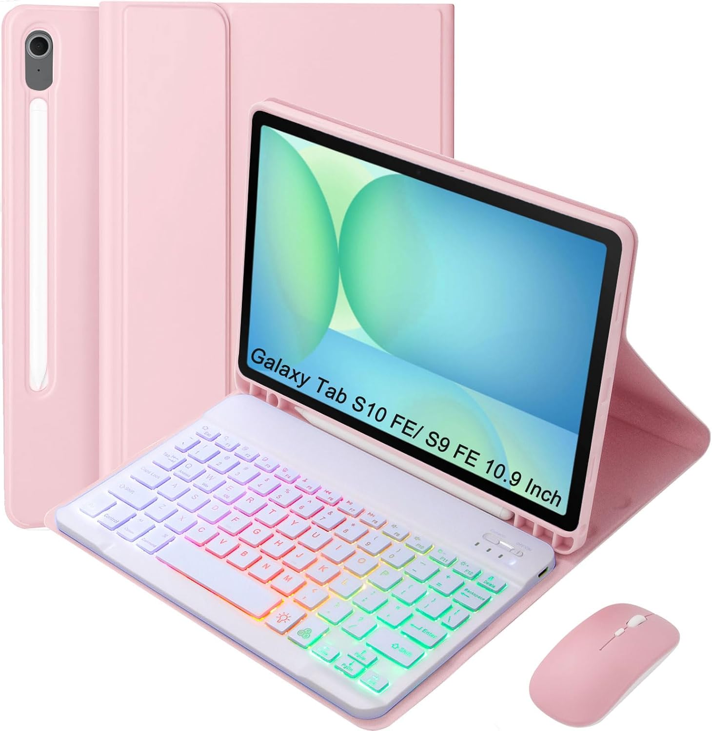 Keyboard Case for Samsung Galaxy Tab S10 FE/S10 Lite/S9 FE 10.9″ 2025/Galaxy Tab S9 11 Inch 2023, Mouse and Detachable Bluetooth Backlit Keyboard, Lightweight Cover with Pen Holder (Pink)
