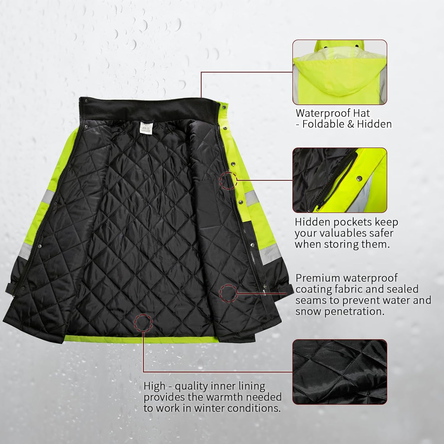 Safety Jackets for Men, Reflective Jackets for Men and Women, High Visibililty Work Coat with Pockets, High Vis Rain Gear, Waterproof, Yellow, Long, S