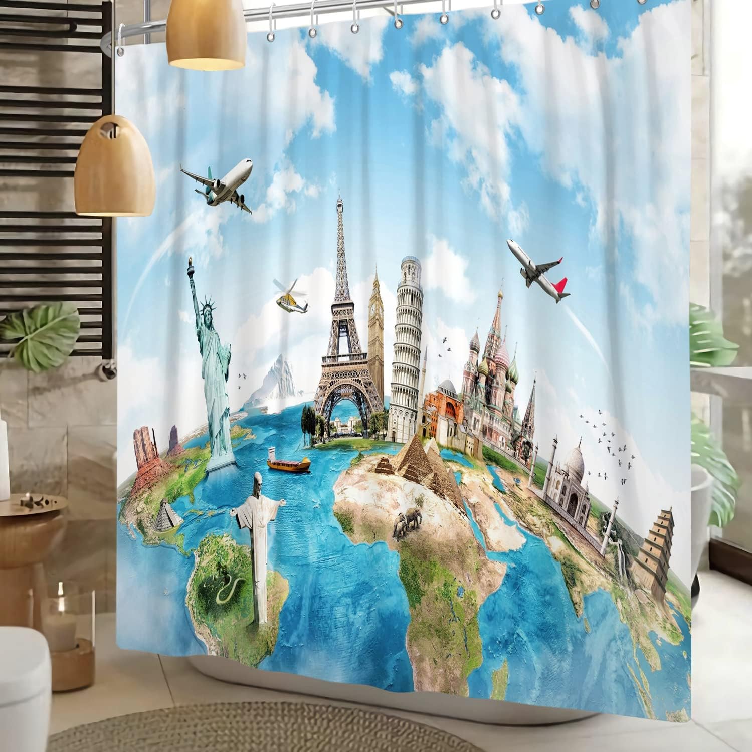 Worldwide Travel Shower Curtains World Map Famous Landmark Adventure Awaits Machine Washable Waterproof Fabric Bathroom Decor Curtains Set with Hooks, 72x72 Inch