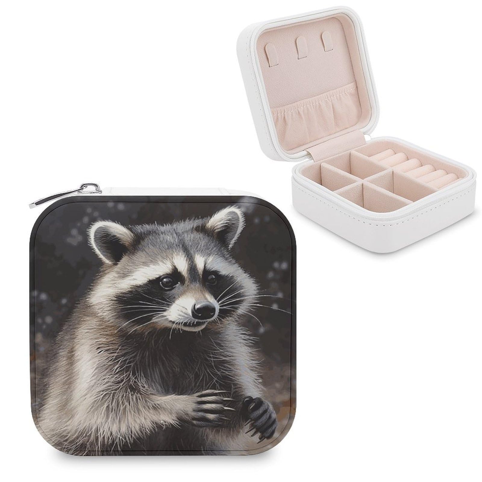 JTREHY Travel Raccoon Jewelry Case Portable Display Storage Box PU Leather Mini Jewelry Travel Case Personalized Travel Jewelry Organizer Small Jewelry Box for Women