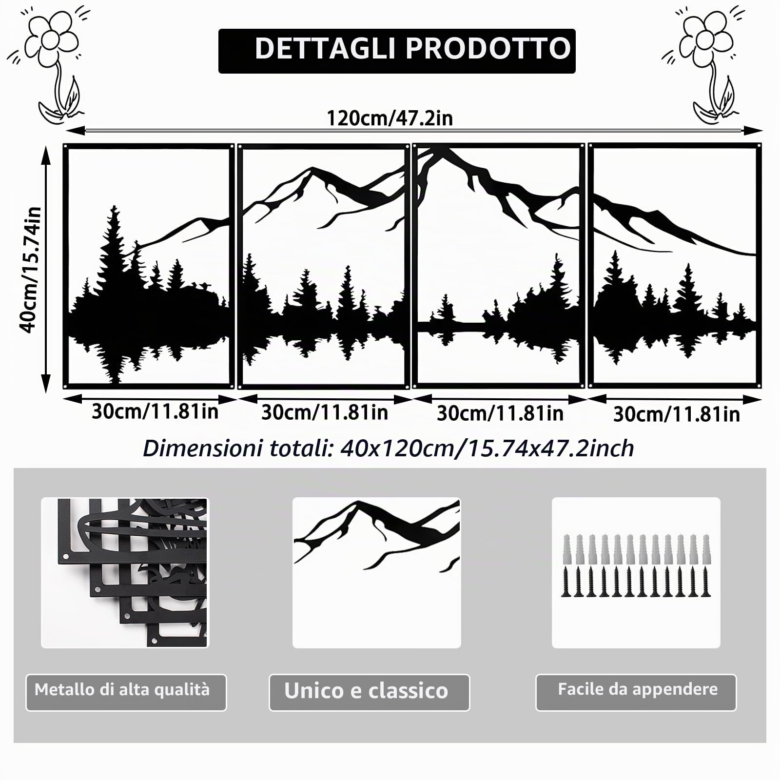 Set Di 4 Decorazioni da Parete in Metallo, Per Camera