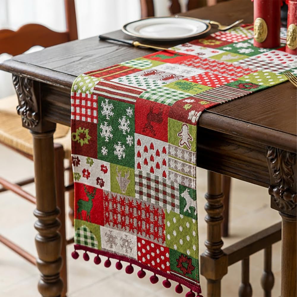 Mioyoow Christmas Patchwork Christmas Table Runner, 14X71in Soft Xmas Winter Table Scarf With 6 Patterns & Pom-Pom Tassels For Holiday Kitchen Dining Home Party Decor