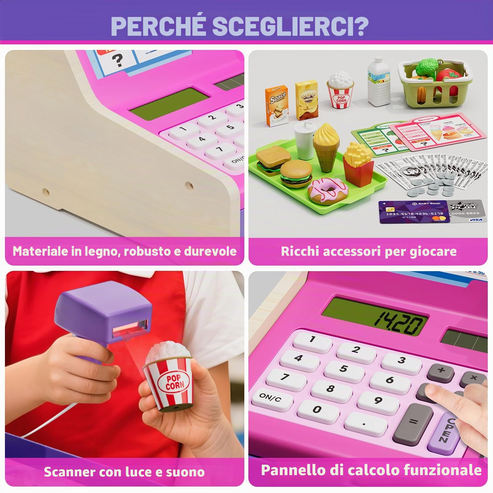 HYES Registratore di Cassa Giocattolo in Legno per Bambini con Scanner, Calcolatrice Reale, Giocattoli Soldi / Monete / Carta di Credito / Cesto Della Spesa, Giochi Regalo per Ragazzi Ragazze, Rosa