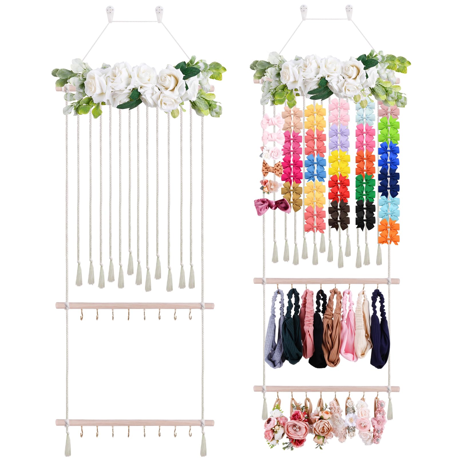 cherrboll Hair Bow Holder for Girls, Headband Organizer w/16 Hooks, Hanging Hair Clips Organization for Nursery Decor Room Wall