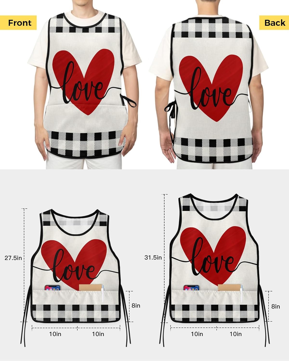 Valentine's Love Cobbler Aprons with 2 Pockets for Women Men, Fashionable Printed Unisex Bib Waterproof Cleaning Smock Vest for Chef Kitchen Fmarhouse Buffalo Plaid Black Grey 2 Packs, 20''x 31.5''