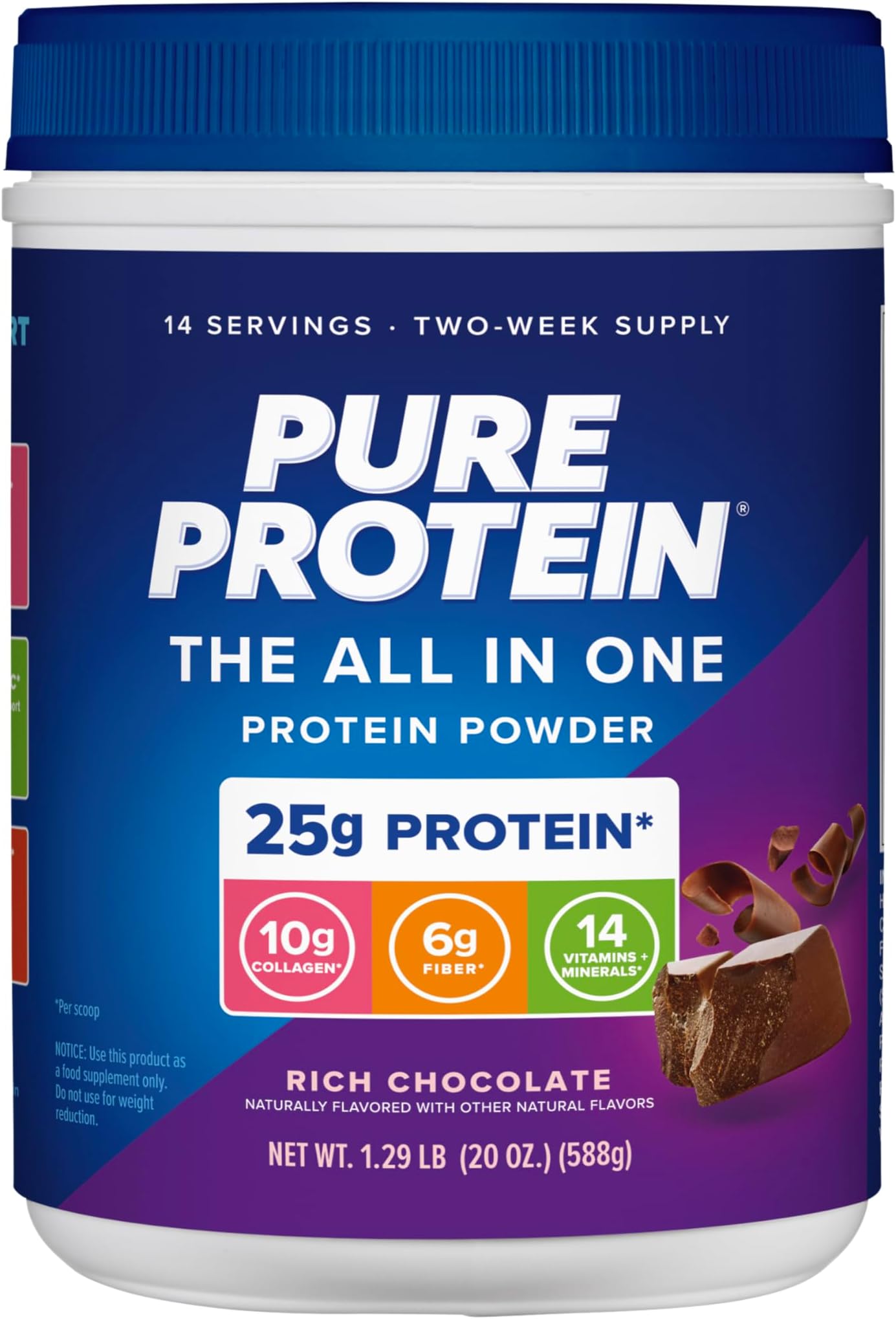 Pure Protein All-In-One Powder, Rich Chocolate - Whey & Collagen, High Fiber,...