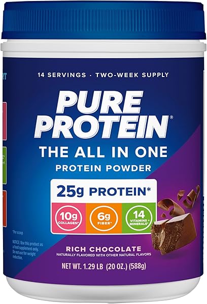 Pure Protein All-In-One Powder, Rich Chocolate - Whey & Collagen, High Fiber, Vitamins, No Added Sugar, Non-GMO, Gluten-Free, 1.25lb