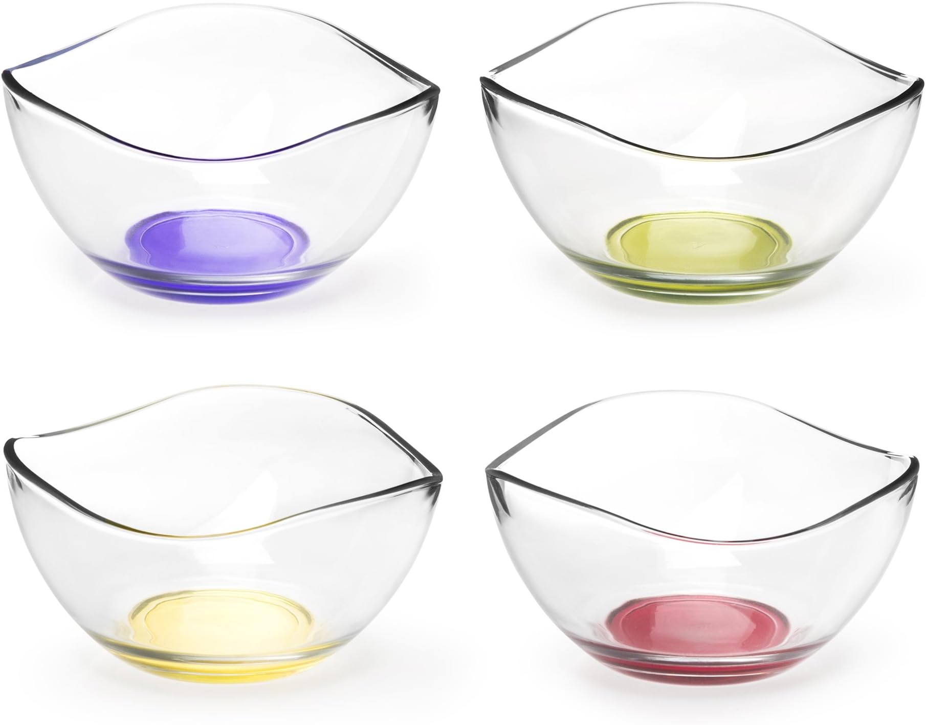 Splash of Color 4-Piece Mini Clear Glass Prep & Serving Bowl Set - Wave Design - 10.25 Oz - Red, Purple, Yellow & Green