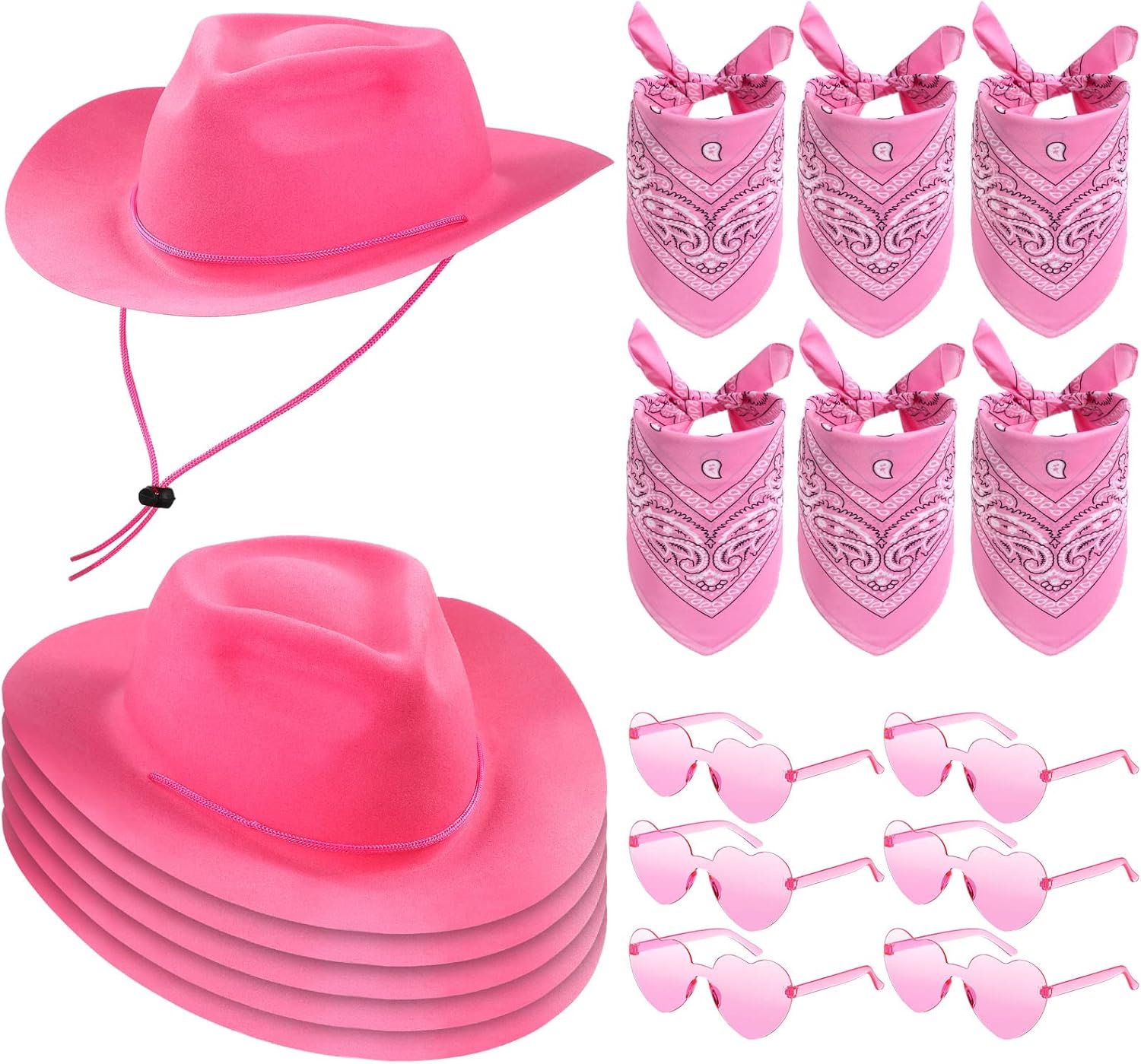 Newcotte 18 Pcs Western Cowboy Plastic Hat Set Include 6 Hats 6 Paisley Bandanas 6 Pairs Heart Glasses for Party