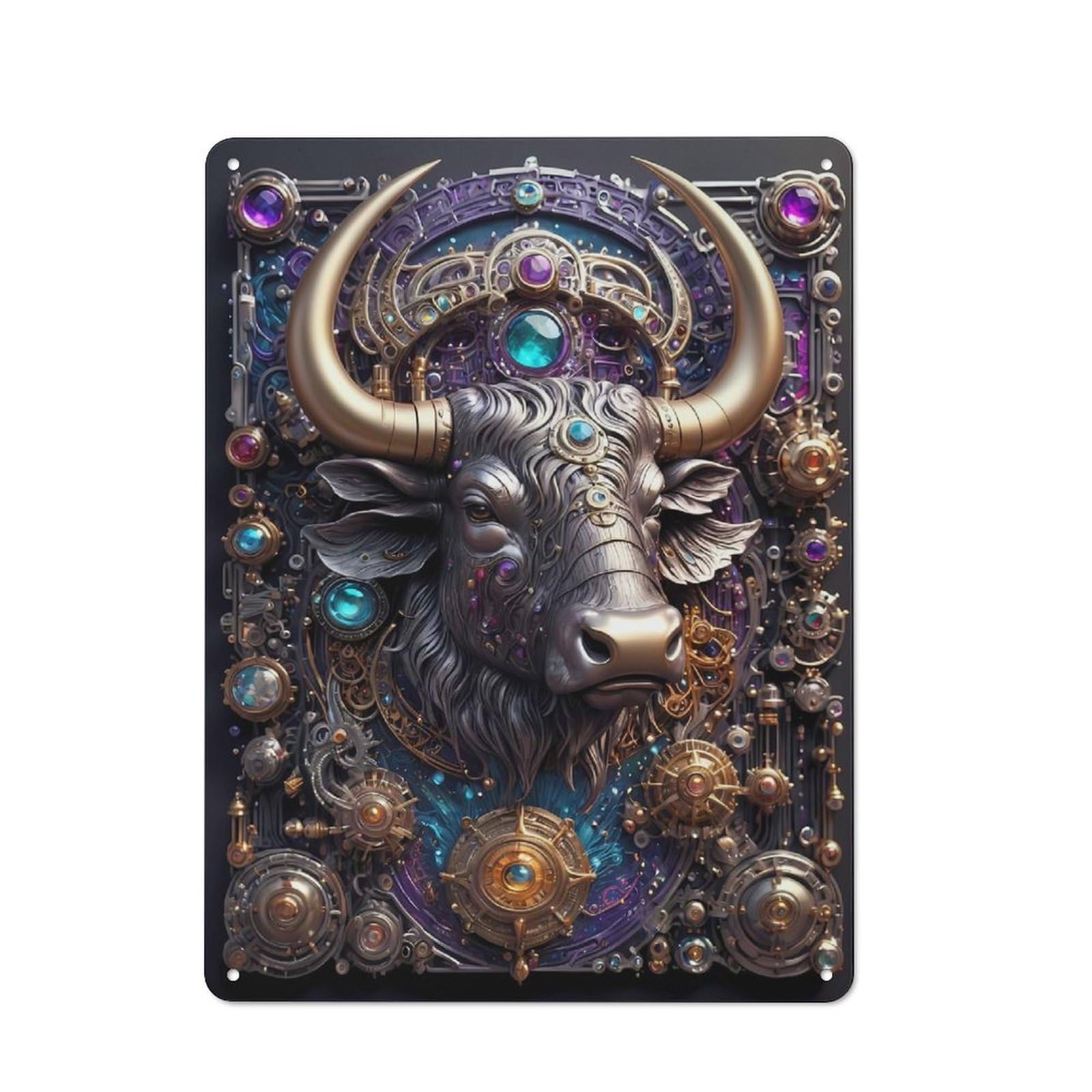 Junmoney Style-1 Tin Wall Plaque 40X30cm With Cybernetic Steampunk Bull For Garage Wall, Suited To People Furnishing A Garage