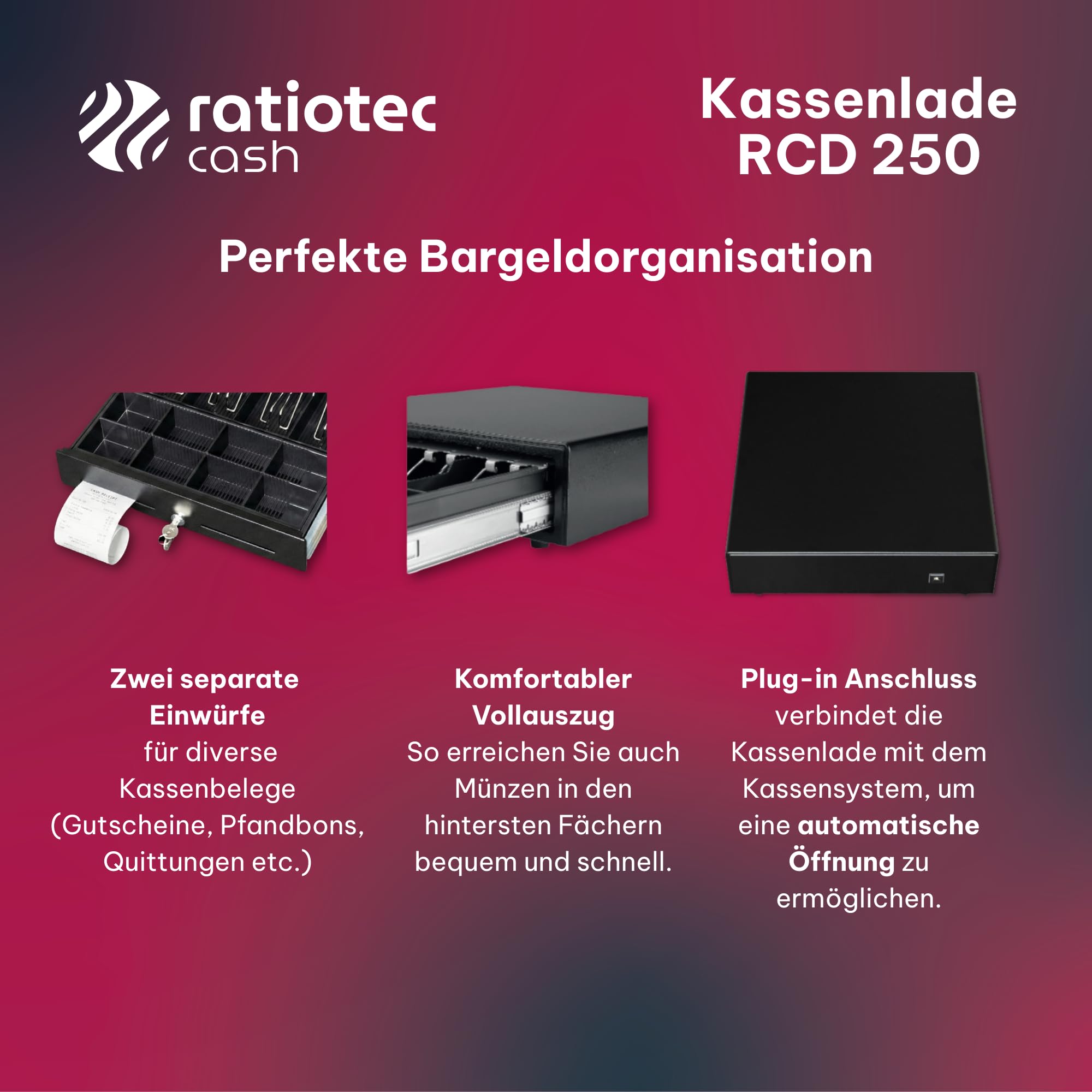 Ratiotec Cash RCD 250 Tiroir-caisse électronique, 8 compartiments à pièces, 4 compartiments pour billets, rails télescopiques, caisse à monnaie verrouillable pour systèmes de caisse et imprimante de