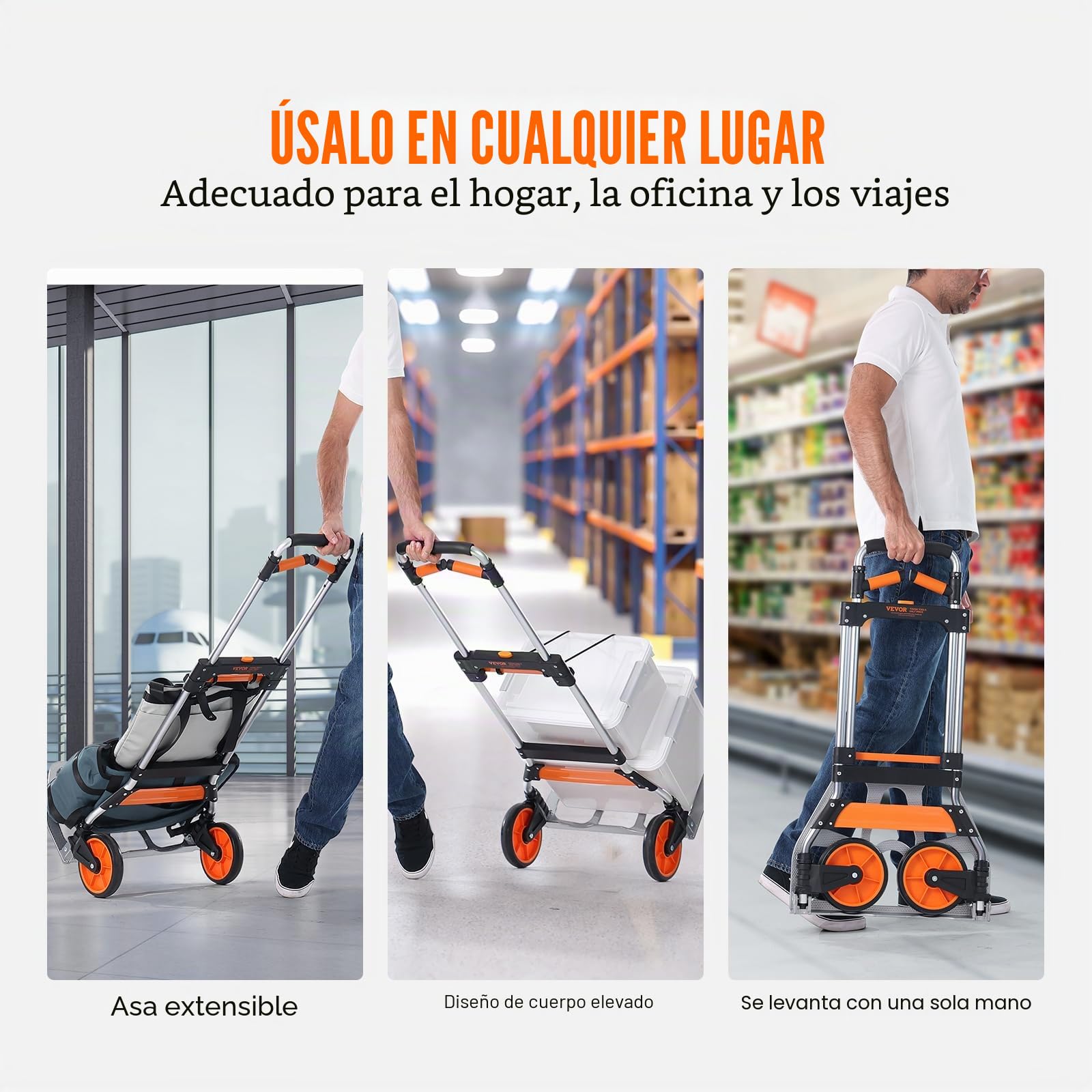 VEVOR Carretilla de Mano Plegable de Aluminio Carga de 140 kg Carro de Mano de Alta Resistencia con Ruedas de Goma Mango Telescópico para Transporte Doméstico, Mercancías de Almacén Supermercado