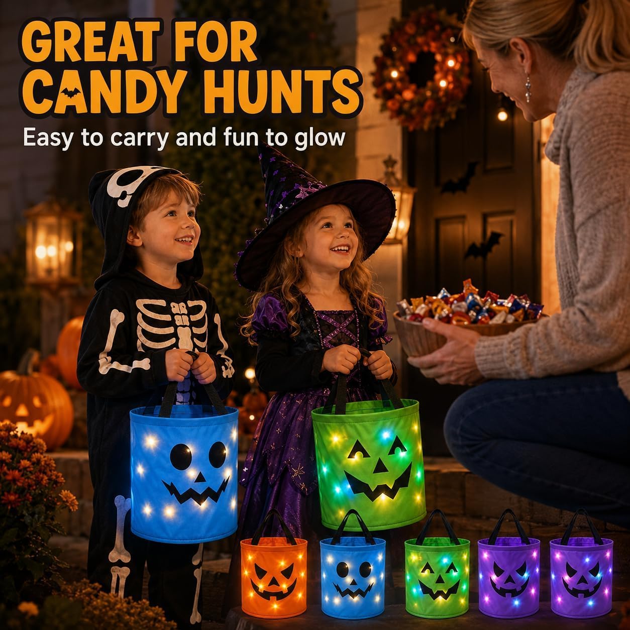 Halloween LED Light-Up Glowing Pumpkin Candy Bucket with Handle, Trick or Treat Bag, Jack-O-Lantern Face Bags - Image 4