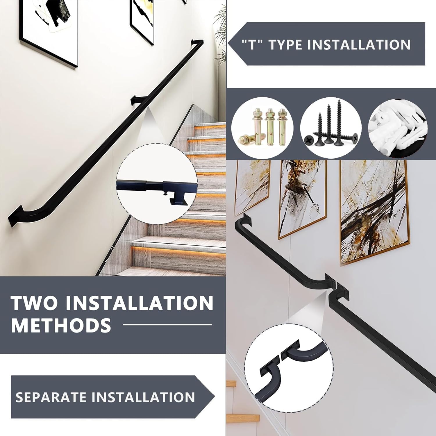 Wall Mounted Staircase Handrails Banister for Indoor Steps Home Corridor Hand Railing for Stairs Wrought Iron Stairs Railing Black Bar Foot Rail 1FT~20FT (Size : 2.6ft/80cm)