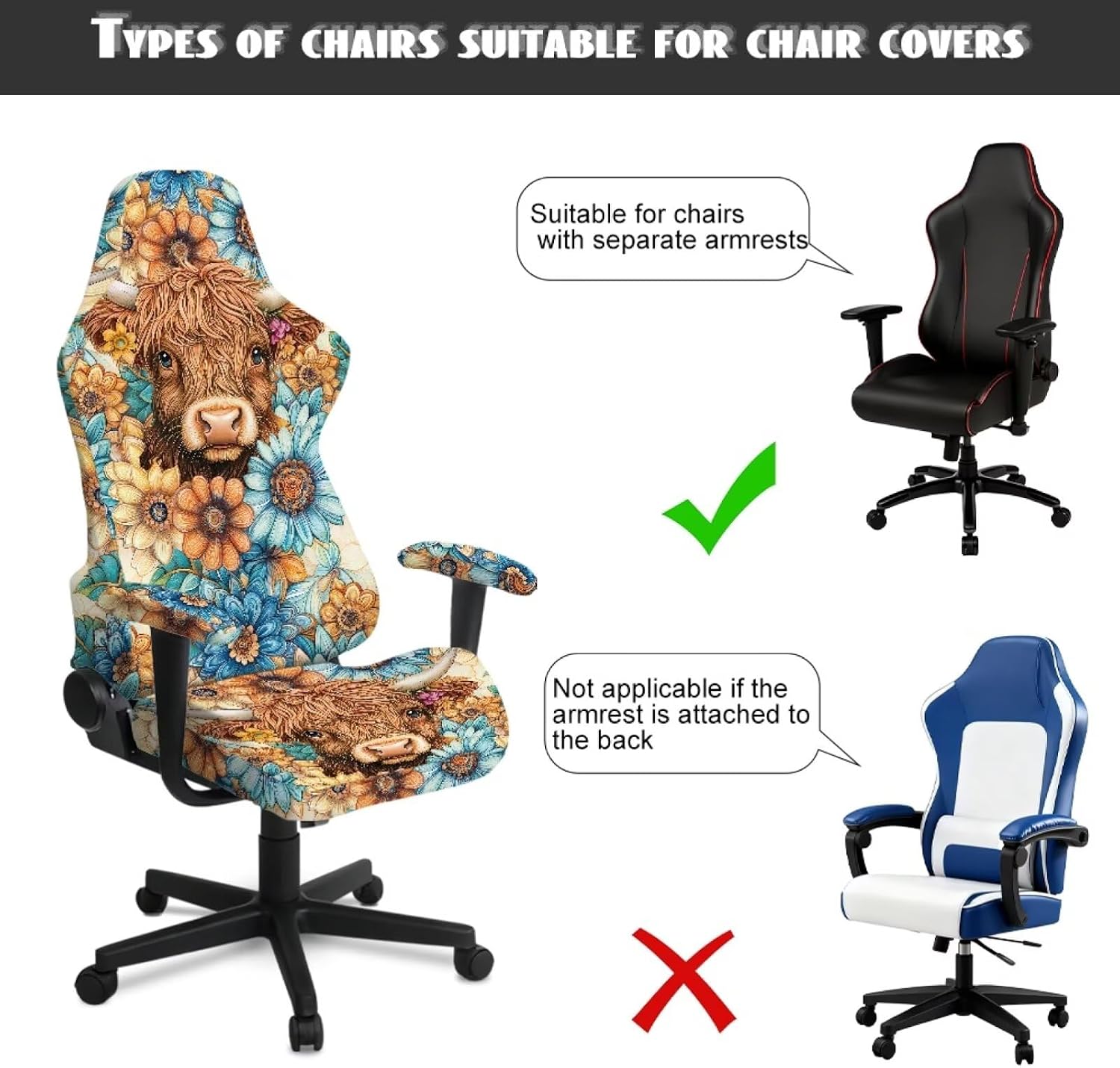 Highland Cow Bohemian Flower Print Stretchable Gaming Chair Covers with Armrest Covers Non-Slip Computer Armchair Slipcover Washable Desk Chair Decor Slipcover