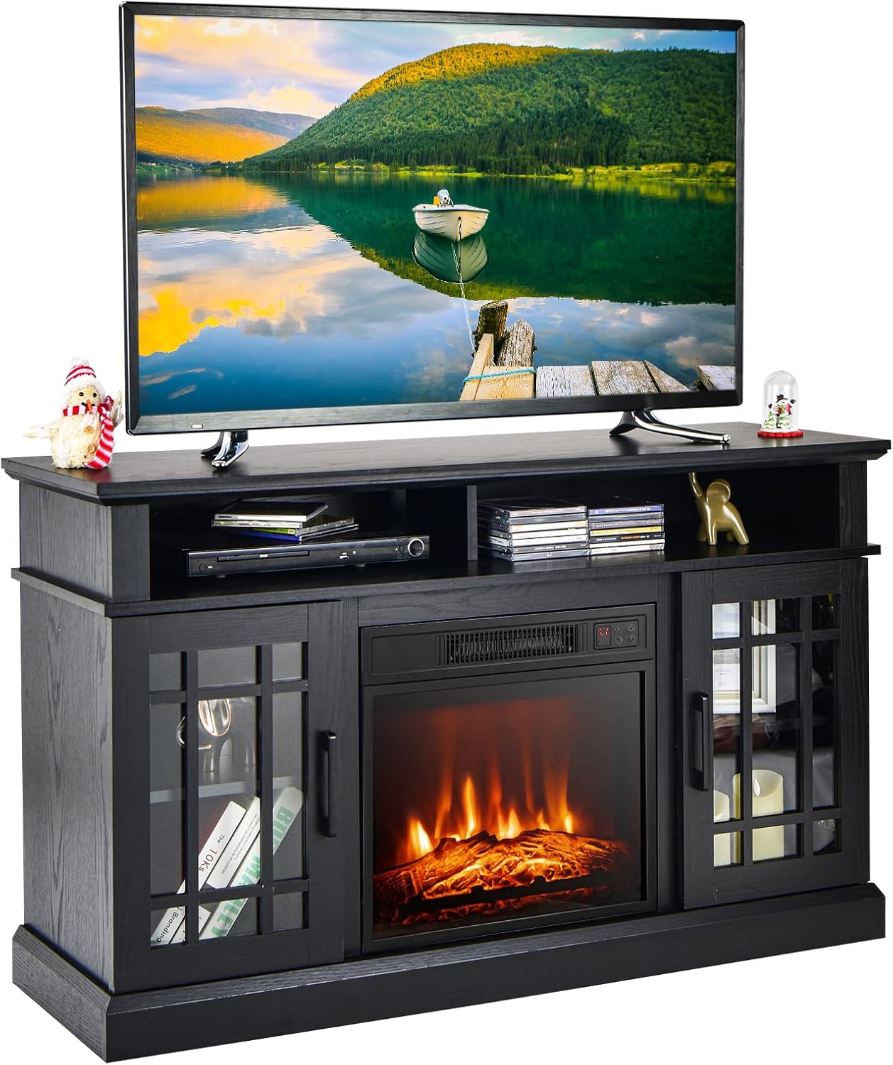 GOFLAME Fireplace TV Stand for TV up to 55 Inches, Freestanding Wood Entertainment Center with 18” Electric Fireplace, 48" TV Console Table with 2 Open Storage Compartments and 2-Door Cabinet, Black
