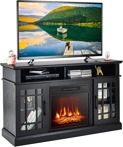 GOFLAME Soporte de TV con chimenea para TV de hasta 55 pulgadas, centro de entretenimiento de madera independiente con chimenea eléctrica de 18