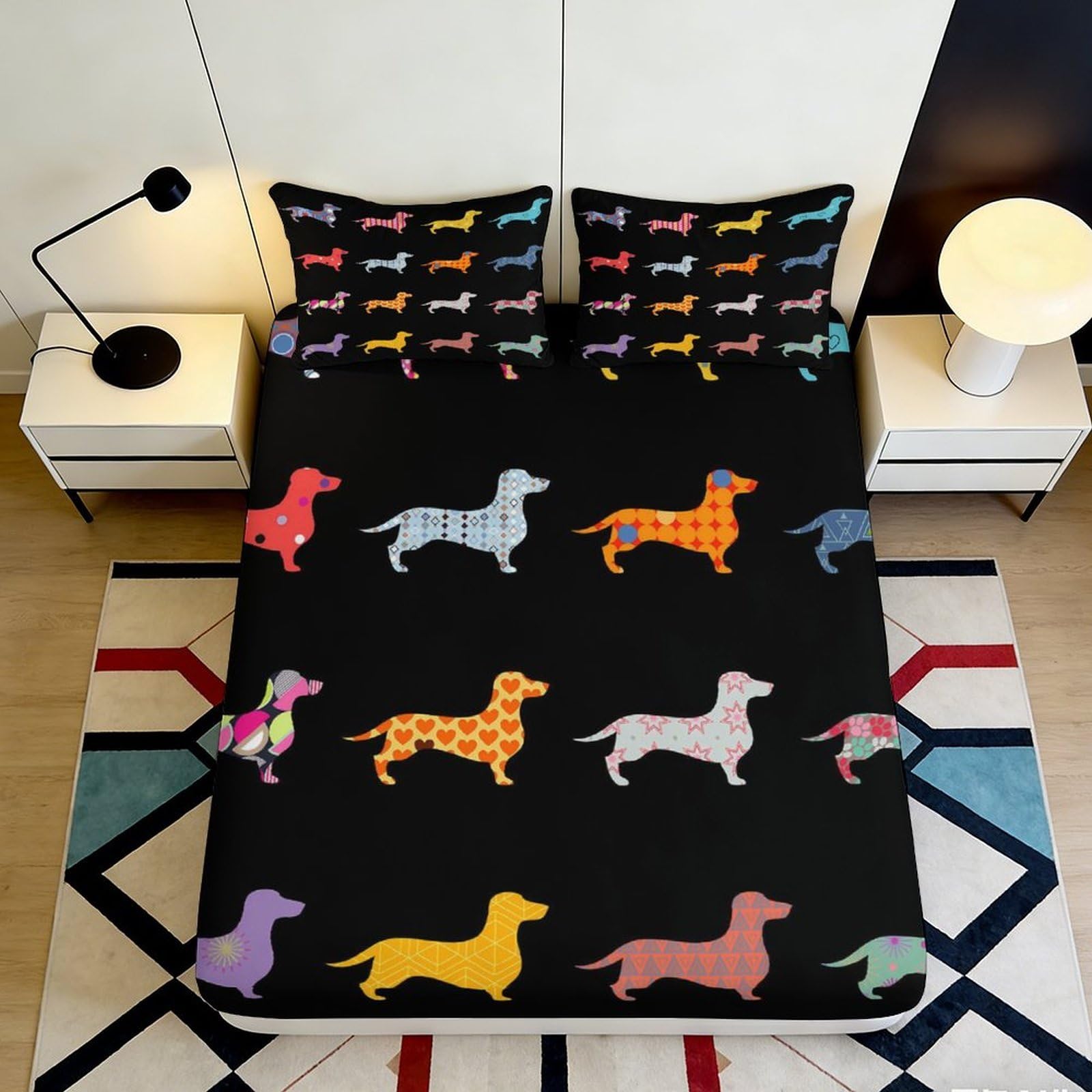 3D Printed Dachshund Fitted Sheet, Microfiber soft touch, colourful dog Bed Cover, wrinkle resistant, easy care, home decor, apartment bedding, for adults and teens 140x200x25cm
