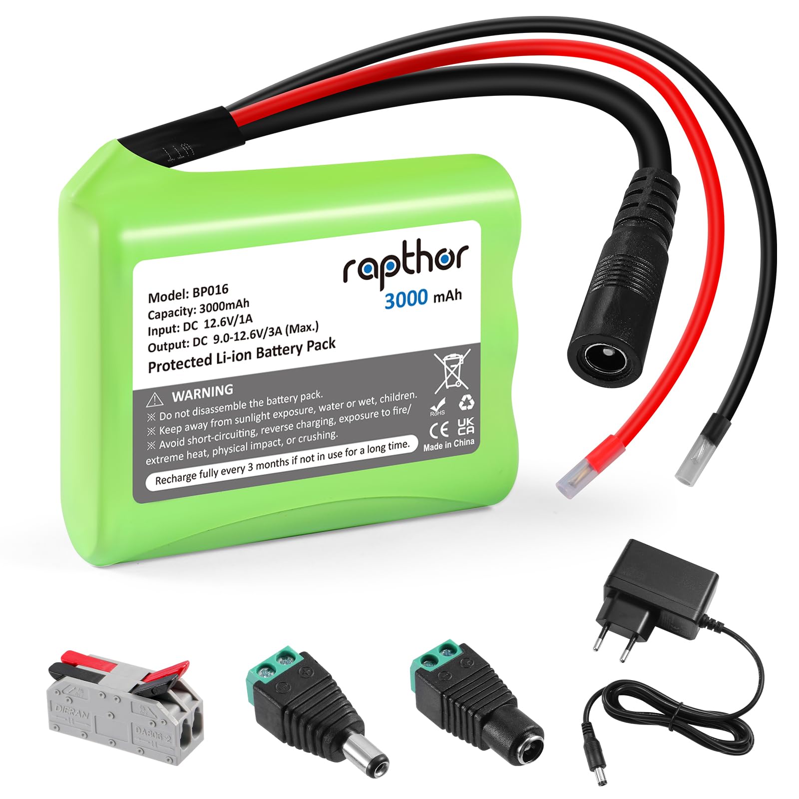 Rapthor 12V 3000mAh DC Wiederaufladbarer Lithium-Ionen-Akku 3Ah mit Ladegerät und DC5521-Stecker für Router, CCTV-Kamera, LED-Streifenlicht, DIY-Werkzeuge und andere 12-Volt-Geräte (kleine Größe)