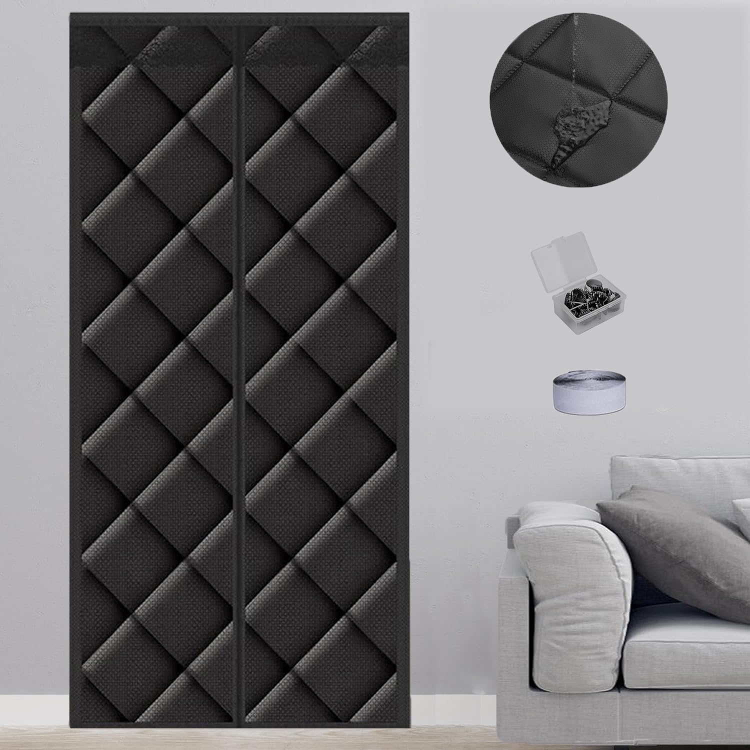 Magnetic Thermal Insulated Door Curtain, Windproof Keep Warm Curtain Thermal for Winter, Polyester Cotton Door for Bedroom,Kitchen, Balcony,100x210cm,(39"x83") Black