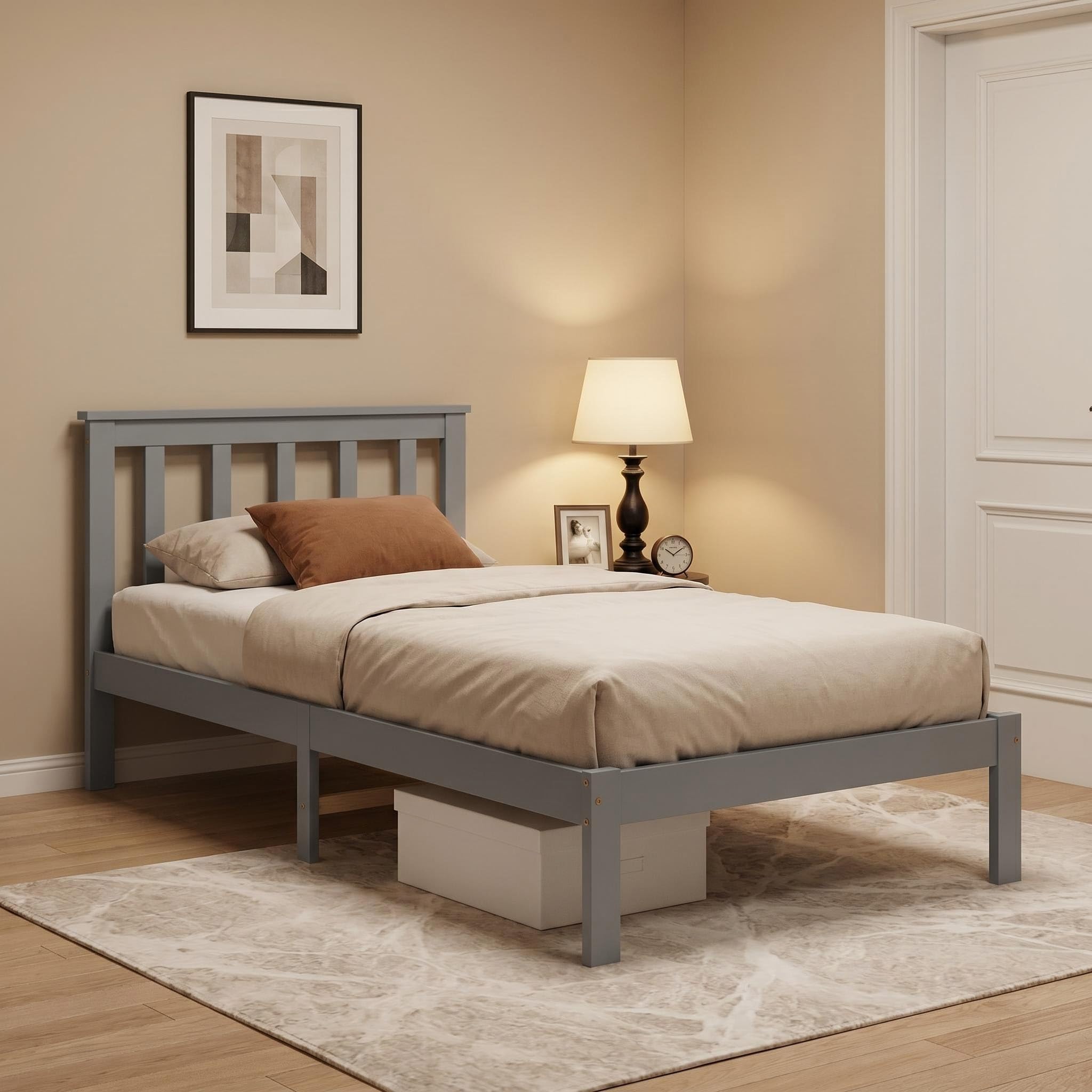 Panana Single Bed, 3ft Bed Frame, Solid Pine Wood, Headboard, Low Foot End, Bedroom Furniture (Grey)