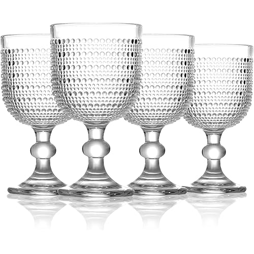 12 oz Clear Vintage Wine Glasses,Hobnail Drinking Glasses Set of 4,Embossed Goblet Glasses for Wedding,Party, Dinner,Bar