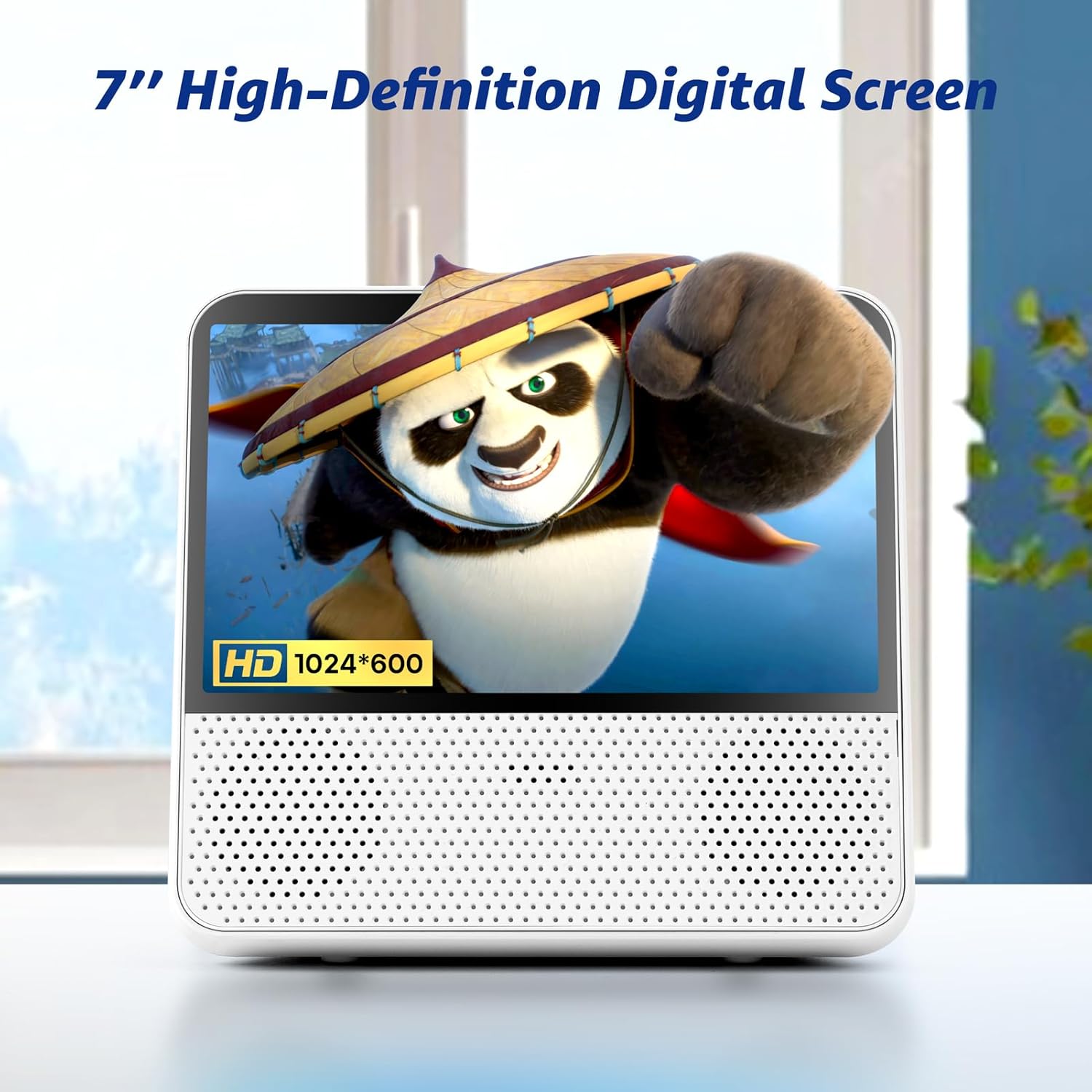 Close-up of the portable DVD player's 7-inch HD screen displaying an animated movie character, with 'HD 1024*600' overlay.