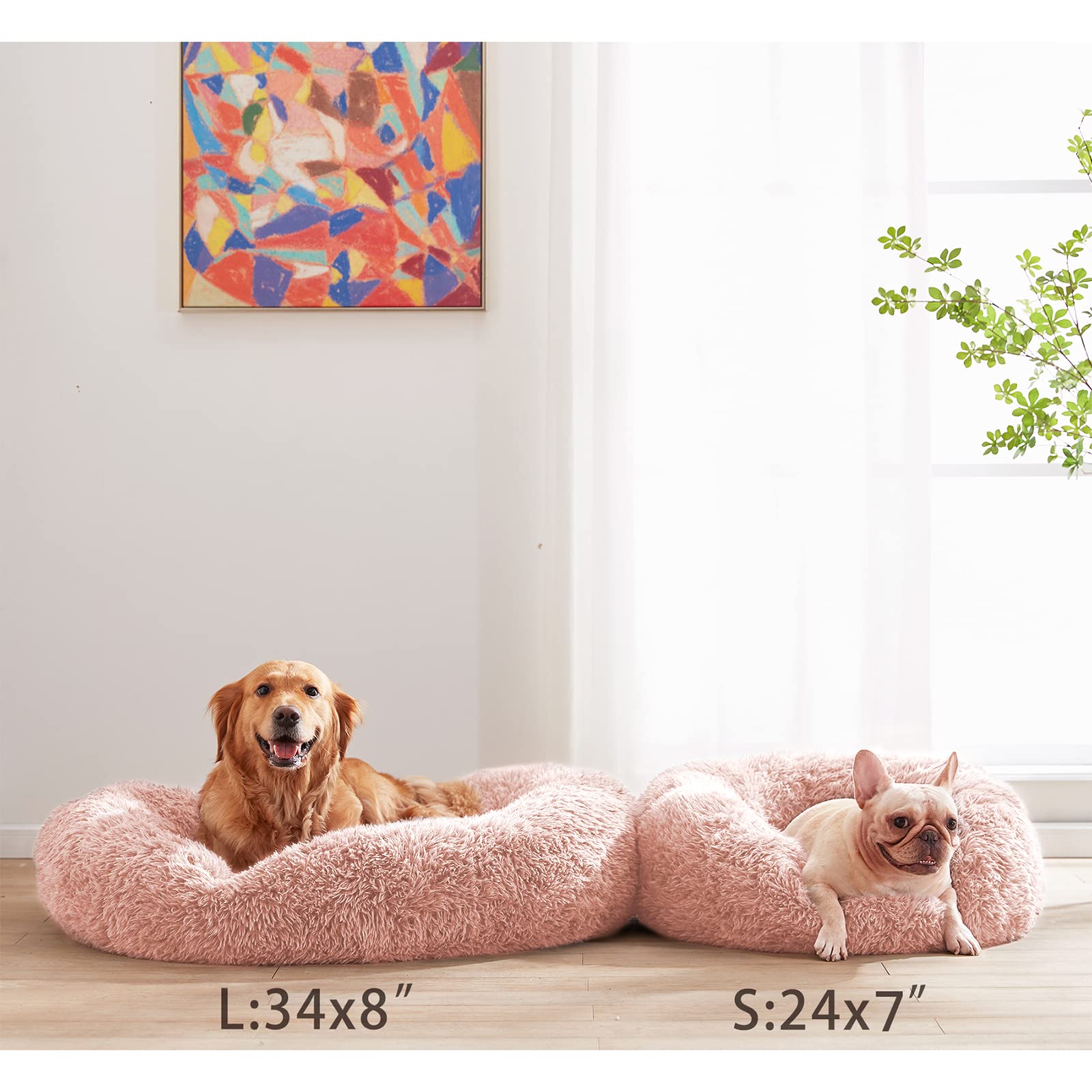 URGVANZ PET Anti-Anxiety Dog Bed, Calming Dog Bed for Large Dogs, Plush Fluffy Round Cuddler, Machine Washable Dount Dog Bed, 34 inch, Pink