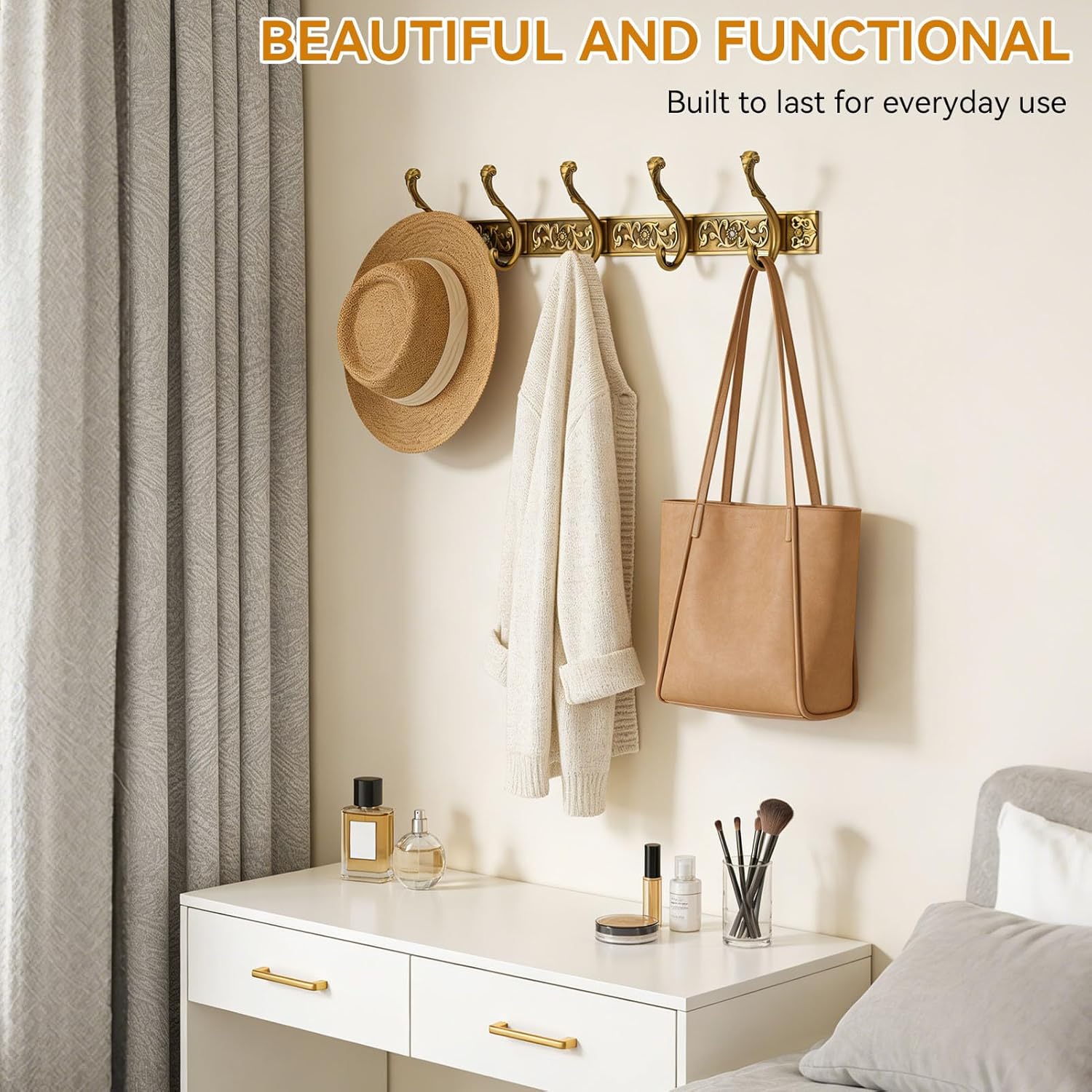 Wall Mount Coat Rack with Hooks, Wall Mounted Coat Rack Decorative Hanging Coat Rack Wall Mounted, Vintage Wall Mount Coat Hanger Rack Key Holder for Wall Hallway, Entryway, Bedroom, Living Room