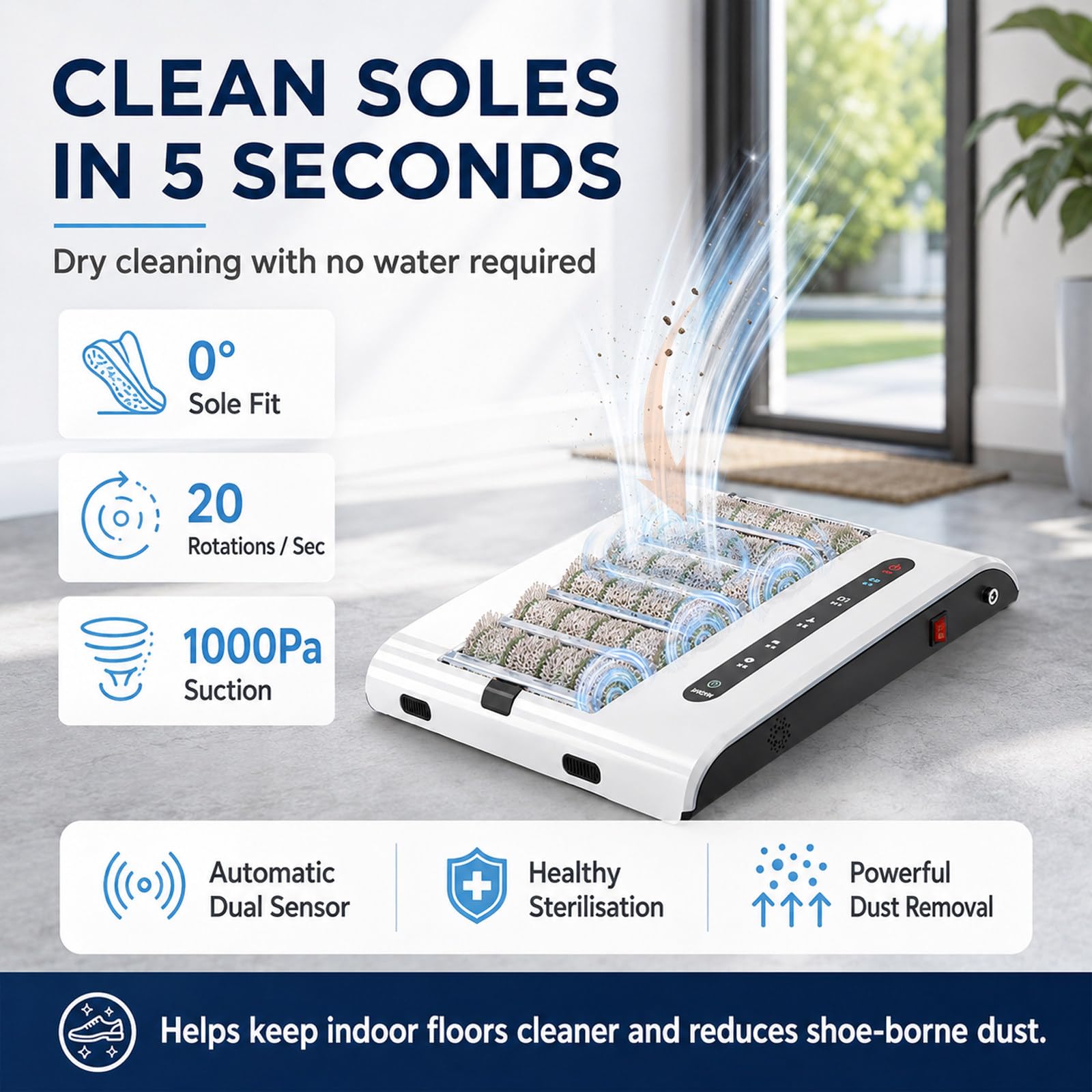 Limpiador suelas automático, lustrador aspirador 1000Pa +UV-Sterilization | Inducción manos libres, parada automática. Sin agacharse, sin agua. Limpia cuero, zapatillas, tacones. 500rpm, silencioso.