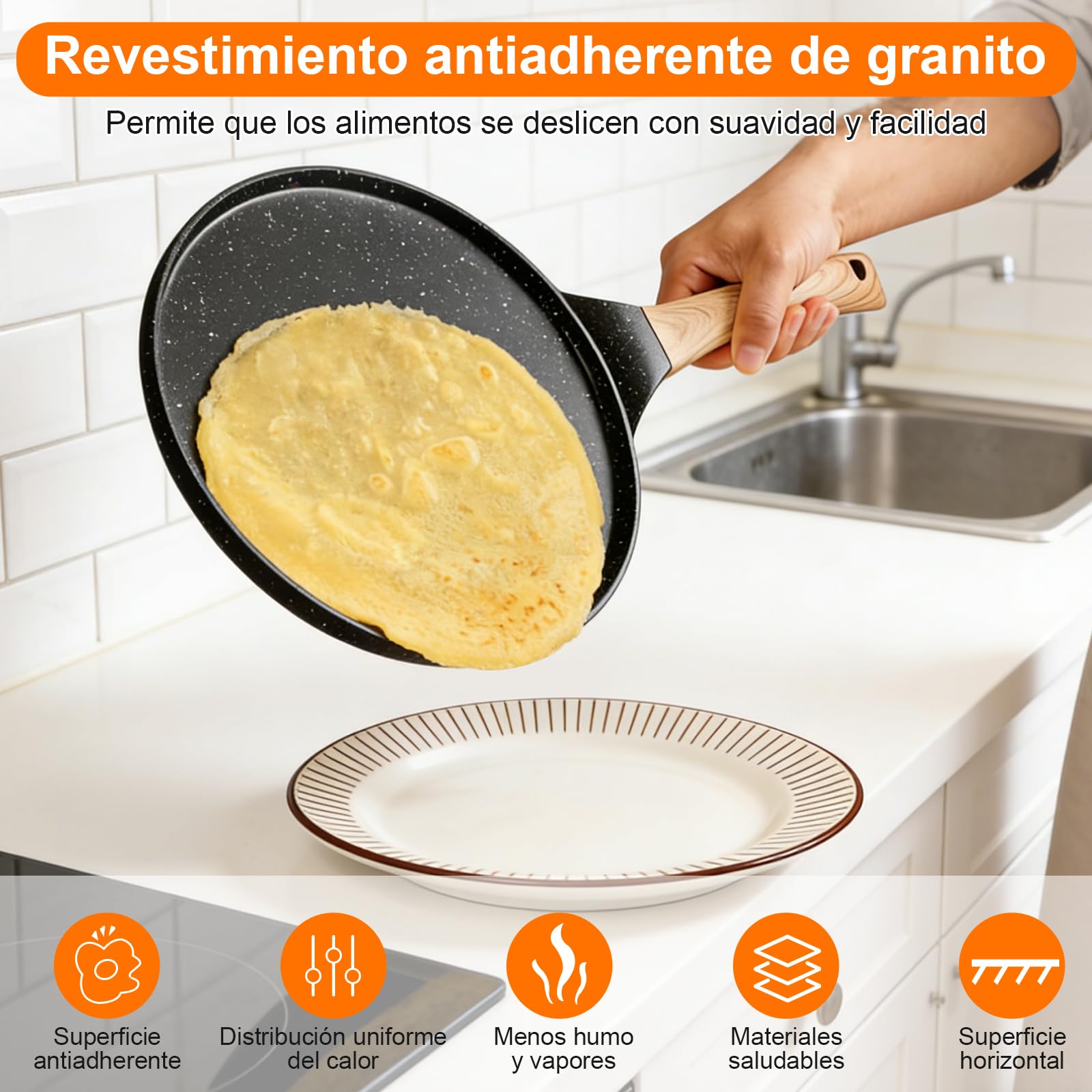 Sartén para crepes de 26 cm, sartén premium para crepes y sartén para crepes con extensor de masa, sartén para crepes sin BPA, ideal antiadherente para panqueques y tortillas