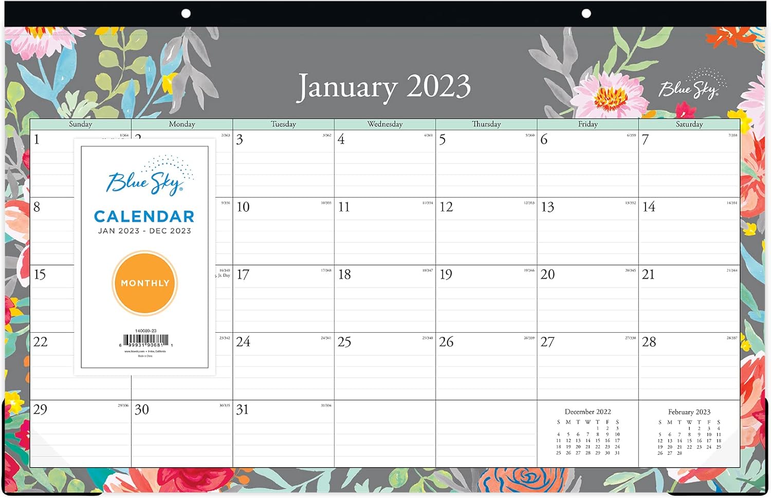 Blue Sky 2023 Monthly Desk Pad Calendar, January - December, 17" x 11", Trim Tape Binding, Two-Hole Punched, Ruled Blocks, Sophie (140089-23)