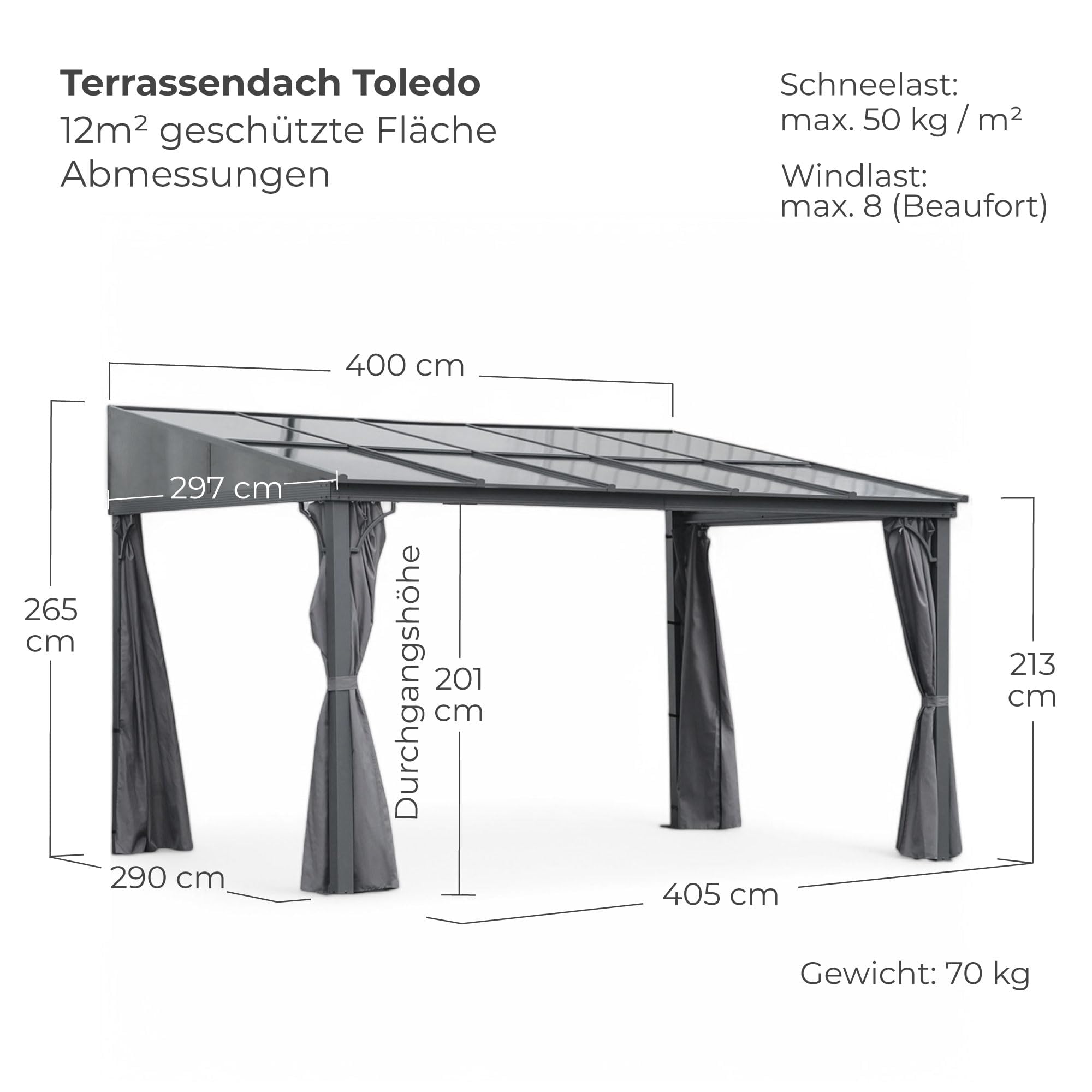 Terrassendach Toledo | Terrassenüberdachung Gartenpavillon lichtdurchflutet Aluminium | Hardtop Pavillon 12 m² - 4 x 3 m (B x T) anthrazit incl. 270° Wind- und Regenschutz
