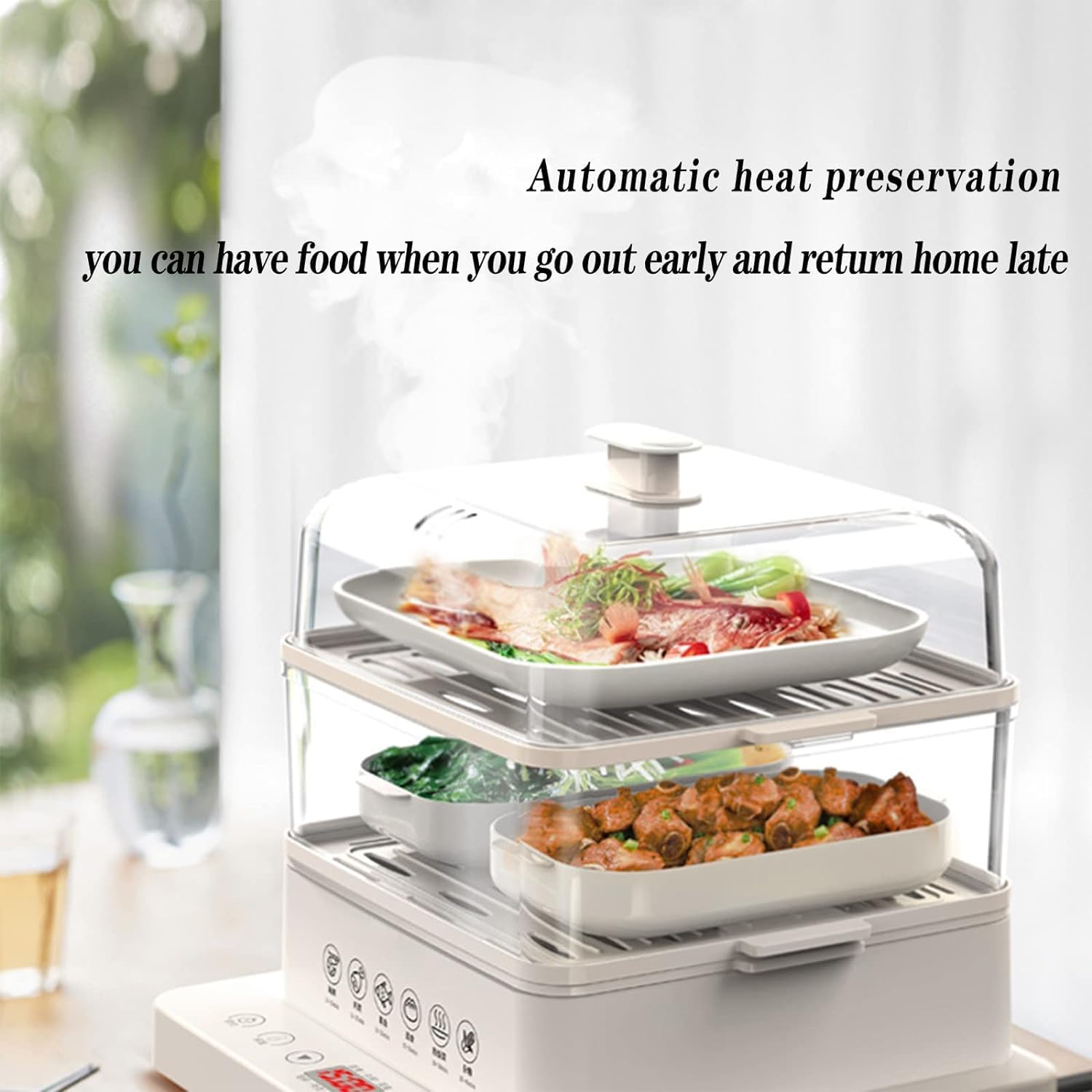 Steamer with various foods being cooked on multiple tiers